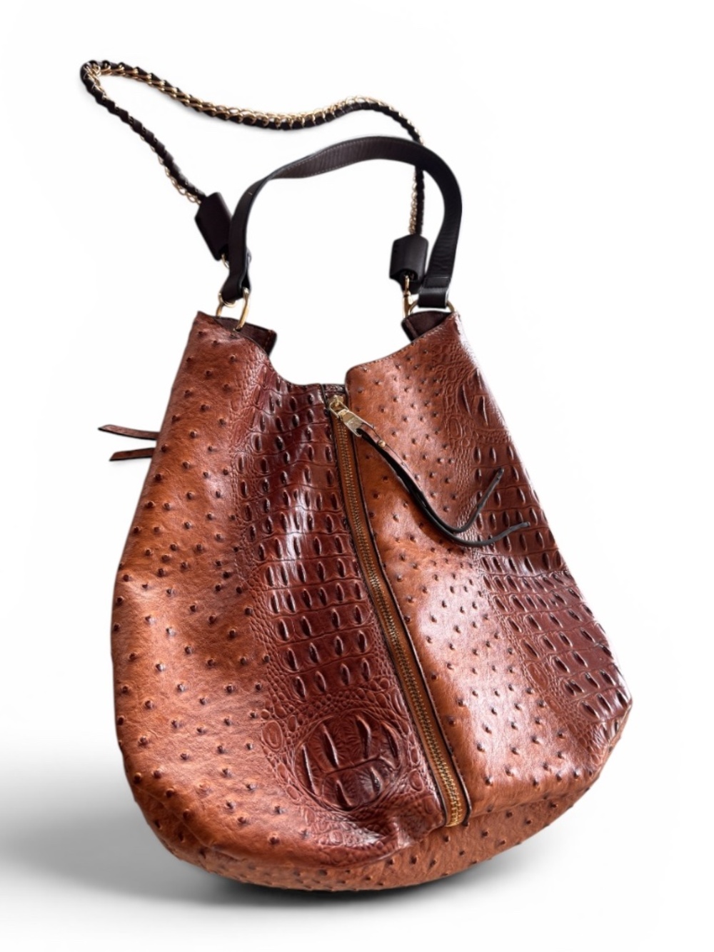Embossed Faux Ostrich Croc Hobo Shoulder Bag Brown Woven Chain Strap